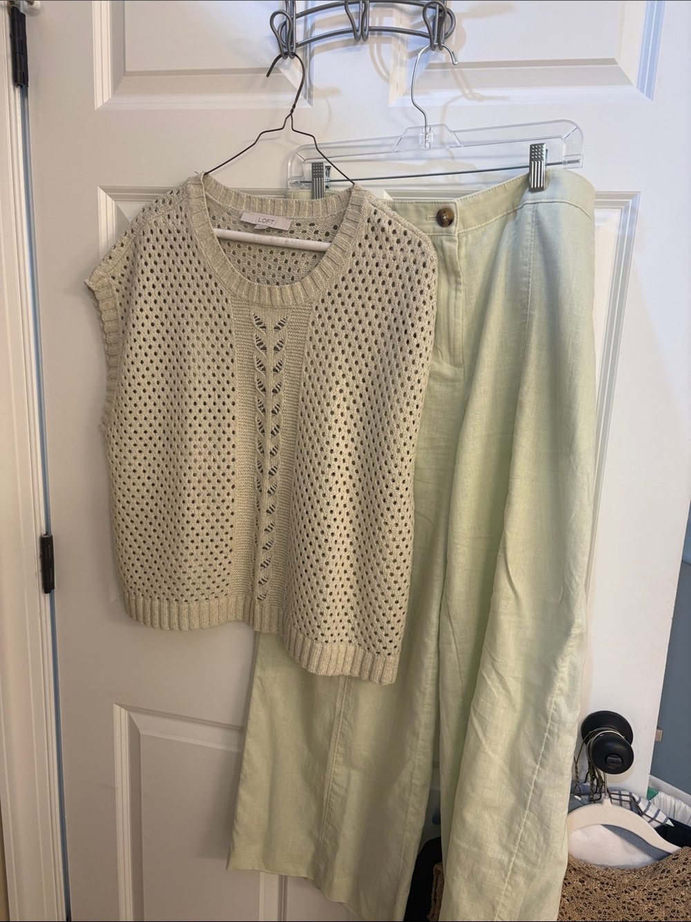 LOFT Cream Knit Sleeveless Sweater and Pale Green Wide-Leg Pants